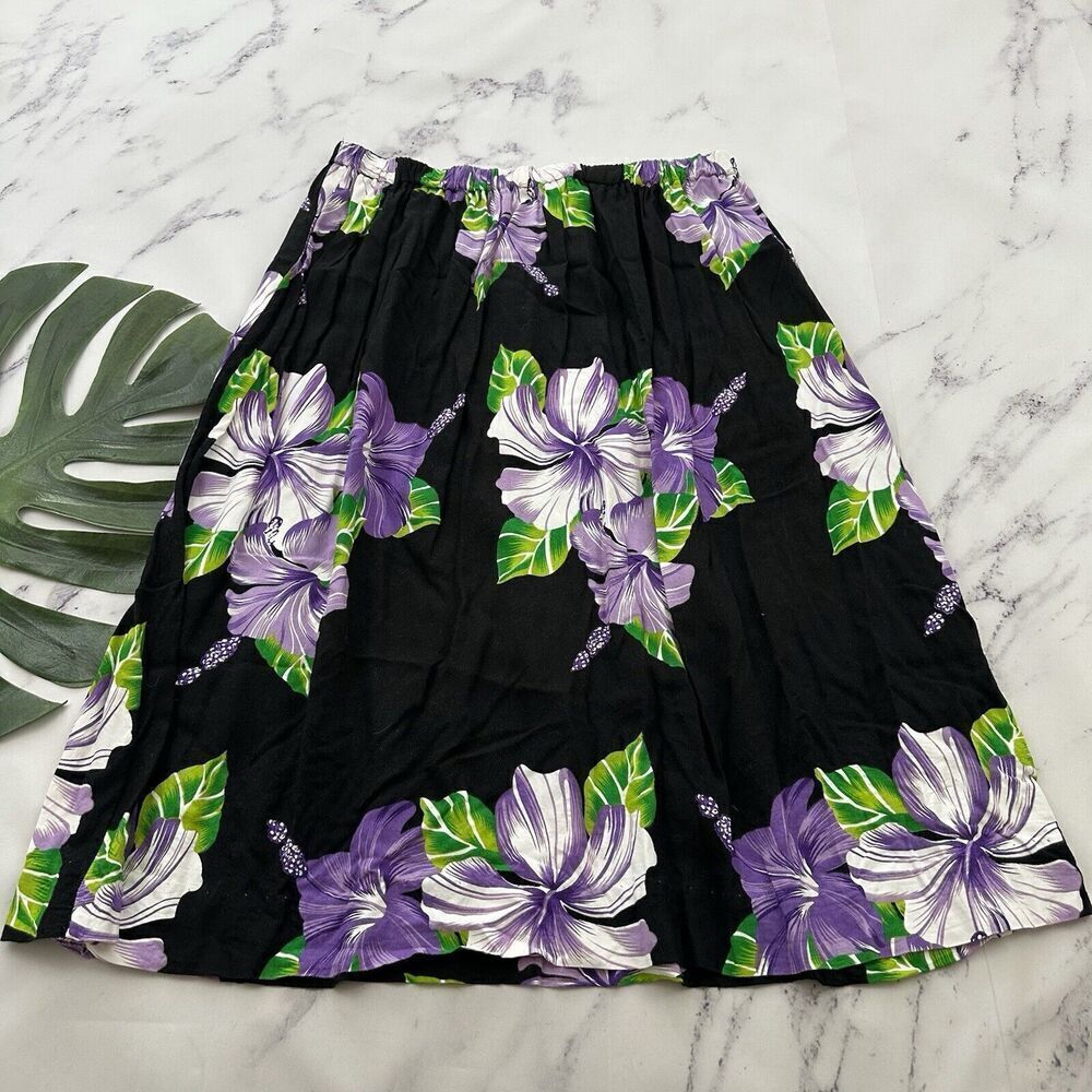 Womens Vintage Handmade Tropical Midi Skirt Size L Black Purple Floral Pull On
